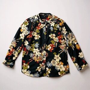 Zac & Rachel Shirt Top M Navy Blue White Green Floral Open Neck Button Dn 3/4 Sl